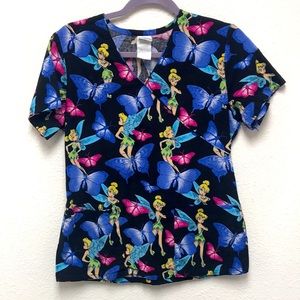 Disney Tinkerbell Tink XS Black and Blue Butterfly Scrub Top with Tie Back